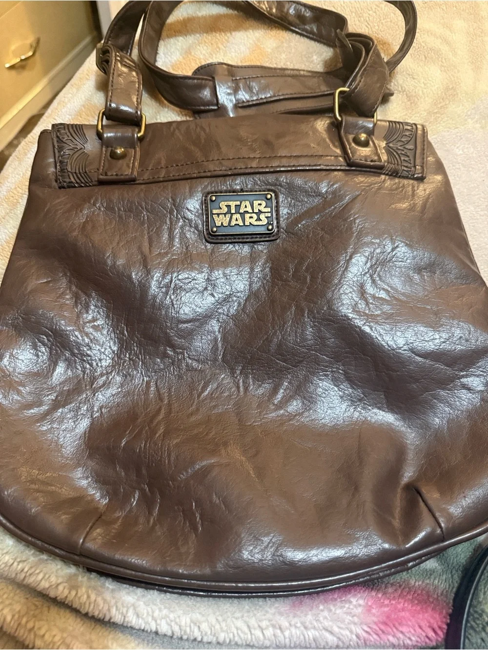 Star Wars Brown Leather Messenger Bag with Embossed Mandalorian Design